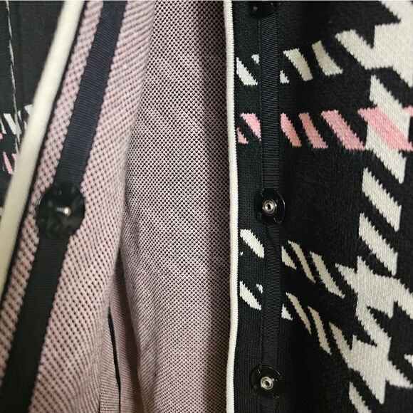TALBOTS Knit Long Sweater Cardigan Topper Black White & Pink - Large Petite - Picture 6 of 8